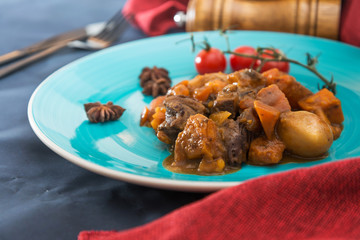 juicy steak veal beef meat with tomato and potatoes