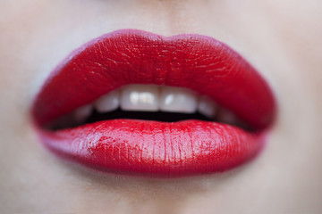 Obraz premium Pin a smile on the face. Silicone dental braces. Sexy lips of sexi woman. Sexy smile. Silicone injection for lips. Dental care. Botox treatment. Botox and filler. Makeup is an accessory to fashion