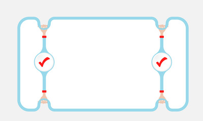 Blue text frame for your text and check box. Hands holding mark with black question mark