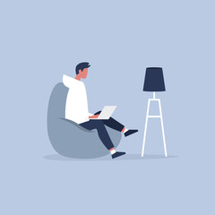 Office furniture. Young manager sitting on the bean bag chair. Daily life. Flat editable vector illustration, clip art
