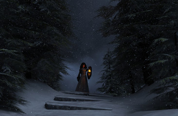 Winter's forest story,Young woman in hooded cloak with lantern in winter forest,3d illustration