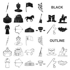 Country Mongolia black icons in set collection for design.Territory and landmark vector symbol stock web illustration.