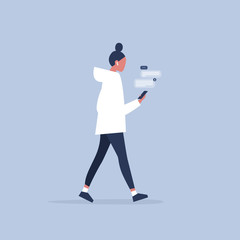 Young female character holding a smartphone. New technologies. Messenger. Pop up windows. Flat editable vector illustration, clip art