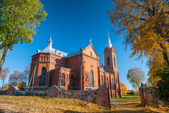 St. George Catholic Church in Zasliai, Kedainiai, Lithuania. Built in 1445-1460, the Gothicchurch was the first brick building in Kedainiai, and isone of the oldest churches in Lithuania.