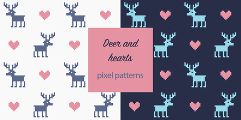 Two pixel seamless patterns, deer and hearts