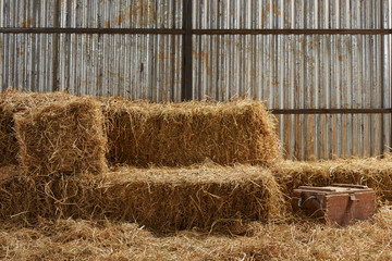 hay stacks in barn house with zinc wall - obrazy, fototapety, plakaty