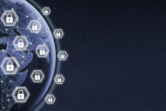 Blockchain technology and decentralized telecommunication background. Locks and padlocks on Earth planet background.GDRP and cybersecurity concept. Dots and connection lines on globe map.