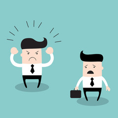 Angry boss screaming at his employee. Business concept, businessman work and relationships. Vector illustration