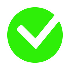 Tick icon vector symbol, green checkmark isolated on white background, checked icon or correct choice sign in round shape, check mark or checkbox pictogram