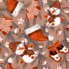 Christmas seamless pattern of holiday decor, snowman toys and decorations. Watercolor holiday illustration.