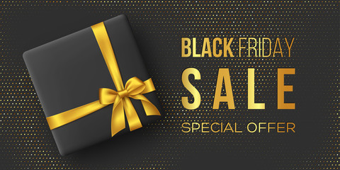 Black Friday sale horizontal poster or banner. Luxury design with box and realistic golden silk bow on dotted background. Concept for seasonal discounts. Vector illustration.