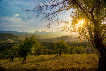 Granada, Spain; October 01, 2018: Sunset landscape and sunset in the mountains of Granada