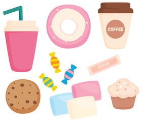 Vector set of coffee and sweets in a primitive simple cartoon style.