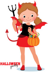 Cute cartoon girl in a holiday costume devil imp to Halloween vector illustration
