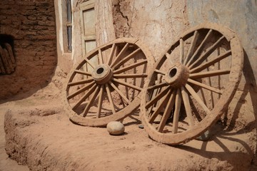 Ancient wheels at Tuyoq, Tuyugou is an ancient village in the Taklamakan desert, 70 km east of Turpan, Xinjiang, China.