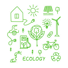 Set of hand drawn ecology symbols with house, wind power plant, solar power plant, sun, lamp, e-car, bike, gas station, water, batery, trees and lettering. Vector illustration.