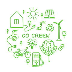 Set of hand drawn ecology symbols with house, wind power plant, solar power plant, sun, lamp, e-car, bike, gas station, water, batery, trees and lettering. Vector illustration.