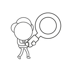 Vector illustration of businessman character walking and holding magnifying glass. Black outline.