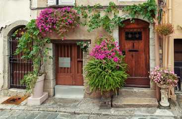 Front door of a residence in the old center of Cannes decorated with flowerpots