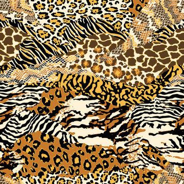 Wild animal skins abstract patchwork wallpaper seamless vector pattern