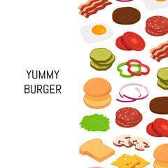 Vector isometric burger ingredients background with place for text illustration