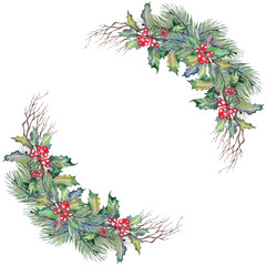 Christmas border with red holly berries, leaves, pine branches and dry twigs. Watercolor on white background.
