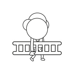 Vector illustration of businessman character walking and carrying wooden ladder. Black outline.
