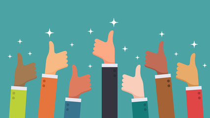 Many hand thumbs up good feedback from ethnic group business people concept vector