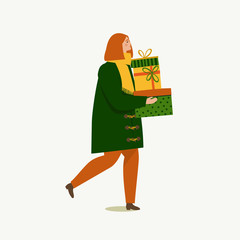 Person Carrying a Christmas boxes. Merry Christmas and Happy New Year. People are preparing for the new year.