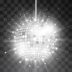 Retro silver disco ball vector, shining club symbol of having fun, dancing, dj mixing, nostalgic party, entertainment. Illustration on transparent background. Rays of light reflect in mirror surface.