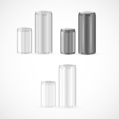 Tin cans set, realistic beverage foil container illustration, side view isolated on white. Typical aluminum package for soda and beer, empty space for branding, recyclable material. Disposable package