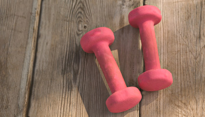 Pair of pink dumbbells on wooden background.