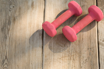 Pair of pink dumbbells on wooden background.