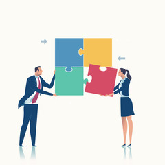 Cooperation. Two office persons working together on a project. Business vector concept illustration