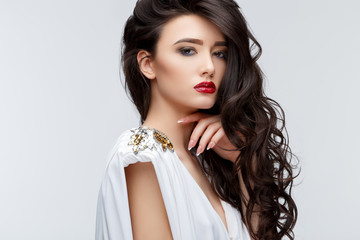 Brunette asian girl with long curly hair