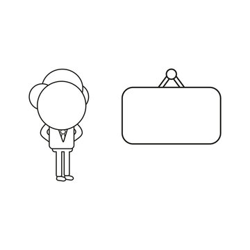 Vector illustration of businessman character with blank hanging sign. Black outline.