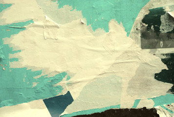 Old grunge ripped torn vintage collage posters creased crumpled paper surface placard texture...