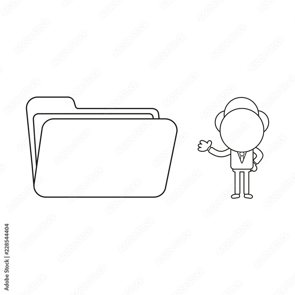 Poster vector illustration of businessman character with opened file folder. black outline.