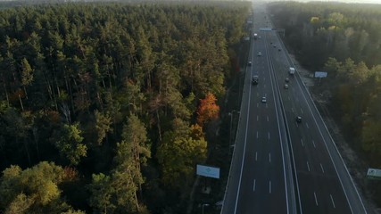 drone shot multilane road in autumn forest