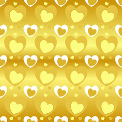 Seamless pattern of heart texture in yellow color, different heart sizes on gold (gradient yellow) background. Vector illustration, EPS10, for wallpaper, gift wrap paper, tile prints.