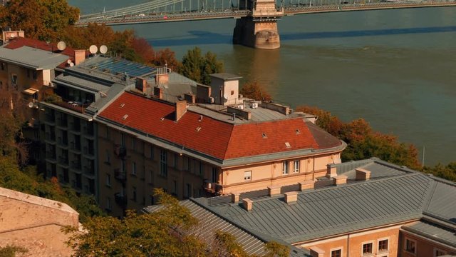 Close-up shot of the Parliament and Chain Bridge in the Hungarian capital of Budapest named after the Scottish civil engineer
