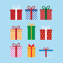 Set of colorful icons of gift boxes. Flat design for Christmas present, love valentine present on blue background. Vector illustration.