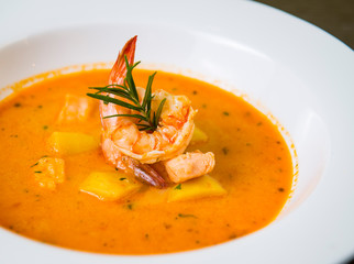 Pumpkin Soup With Shrimps And Salmon