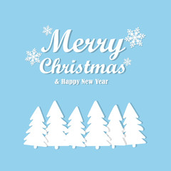 Merry Christmas and Happy New Year with snowflakes and tree on blue background. Greeting Card Xmas. Vector Illustration.