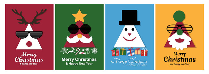 Fototapeta premium Merry Christmas and Happy New Year on colorful background. Greeting Card of cartoon element Xmas. Vector Illustration.