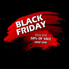 Black Friday sale banner on a red watercolor hand drawn grunge stain background. Design elements for posters, greeting cards, promotion. Vector illustration.
