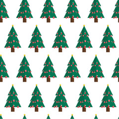 Seamless pattern vector of christmas tree with the decorates. On white background, isolated.