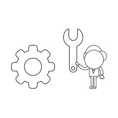 Vector illustration of businessman character with gear and holding spanner. Black outline.