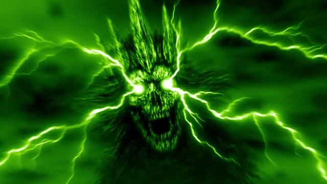 Dark queen with crown with lightning. Goddess of death smiles. 2D animation horror fantasy genre. Evil skull face with luminous eyes. Gloomy ghost in haze. Scary animated video clip. Spooky cartoon. 