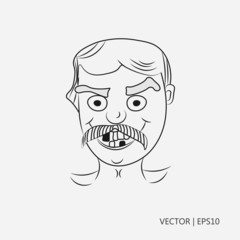 Vector illustration. Malignant man. Old man with broken teeth. A robber. Toothless rogue. Sketch. Drawing for children. Flat icon